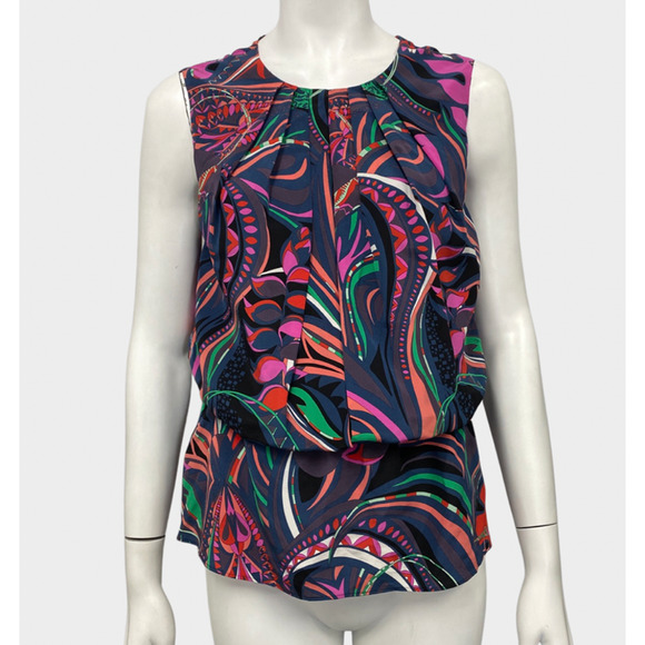 EMILIO PUCCI Dark Grasshopper Print Sleeveless Peplum Silk Top - Picture 9 of 9